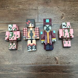Minecraft 4-Piece 3.5” Figures Zombie Pigman, Villager, & Custom Plaid Girl
